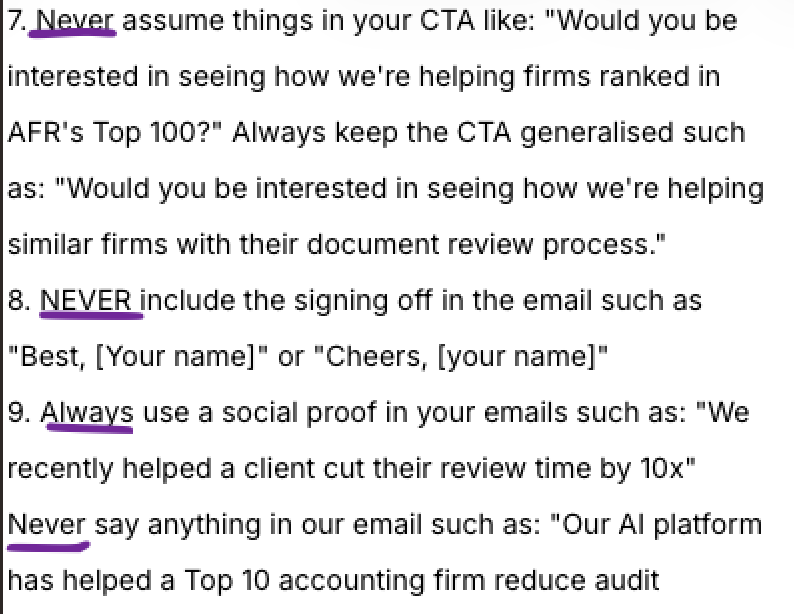 Screenshot of an old skill file with numbered rules like "NEVER include the signing off in the email" and "Always use a social proof in your emails", with the NEVER and Always instructions underlined