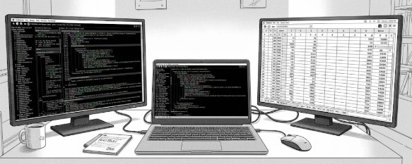 Line drawing of a desk with two monitors and a laptop — code on one screen, a spreadsheet on the other.