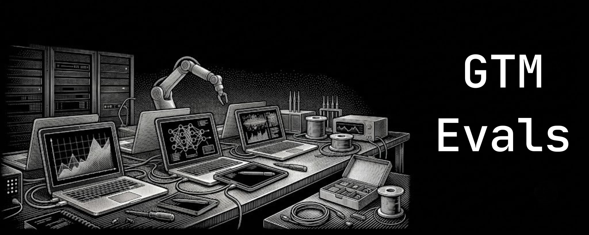 Engraving-style illustration of a lab bench of laptops showing charts and a neural network, beside the words GTM Evals.